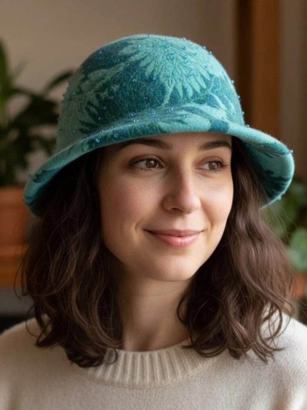 ** Artisan Fusion Felting Turquoise Wool and Bead Embellished Floral Hat Size S